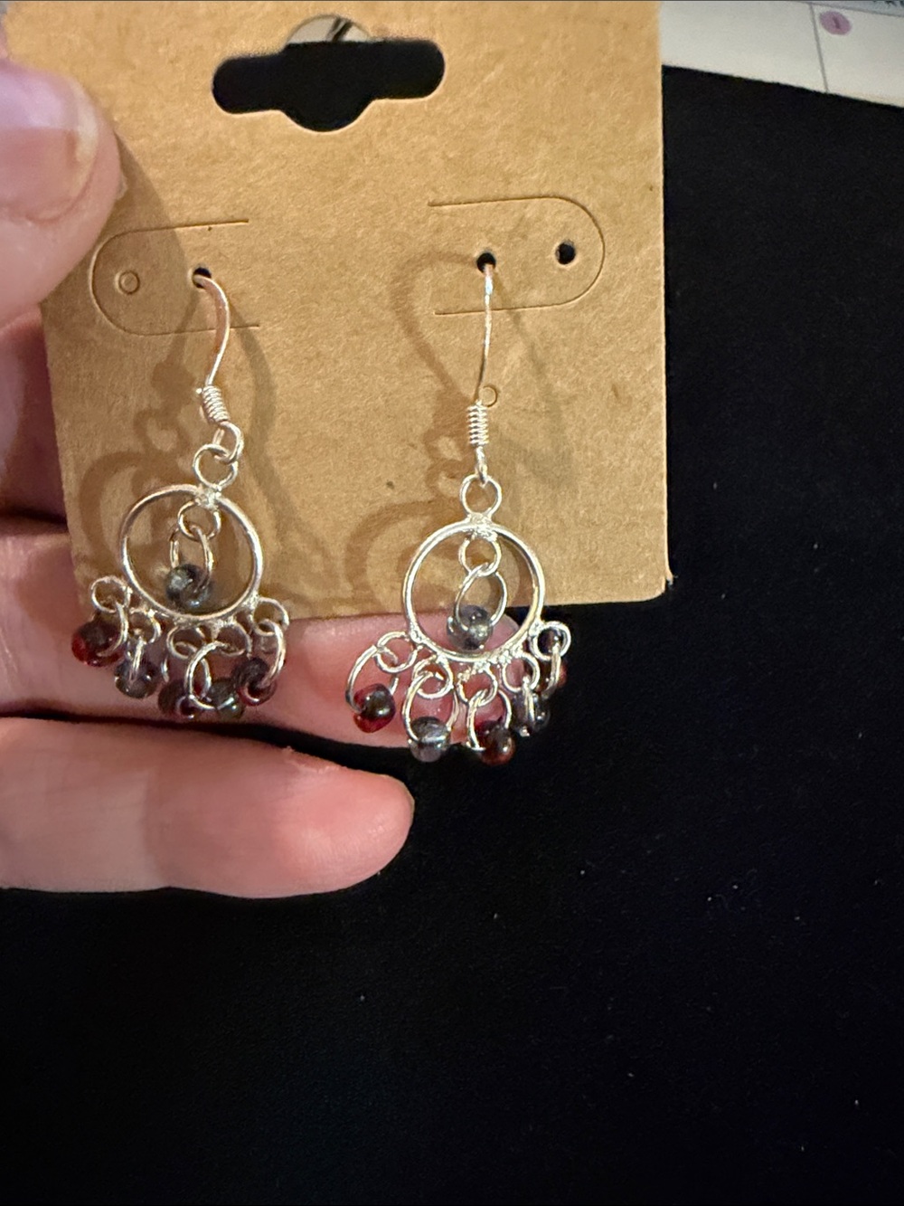 Silver Hoop Chandelier Earrings with Red and Beaded Beads